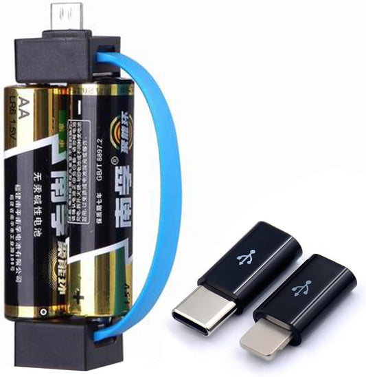 Portable Magnetic AA/AAA Battery Phone Emergency Charger with Microusb-Lightning Adapter and Microusb-Typec Adapter Suit for Cell Phone Smart Devices