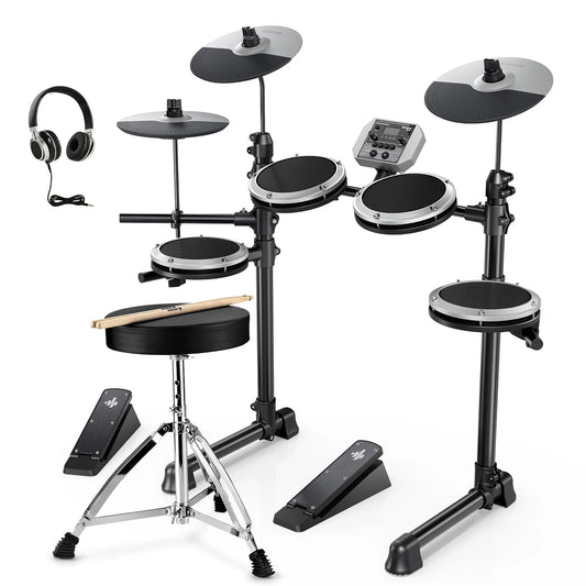 Electric Drum Set for Beginner with 180+ Sounds, Quiet Mesh Kid Child Students Electronic Drum Kit with Heavy Duty Pedals, On-Ear Headphones, DED-80 New Update Color