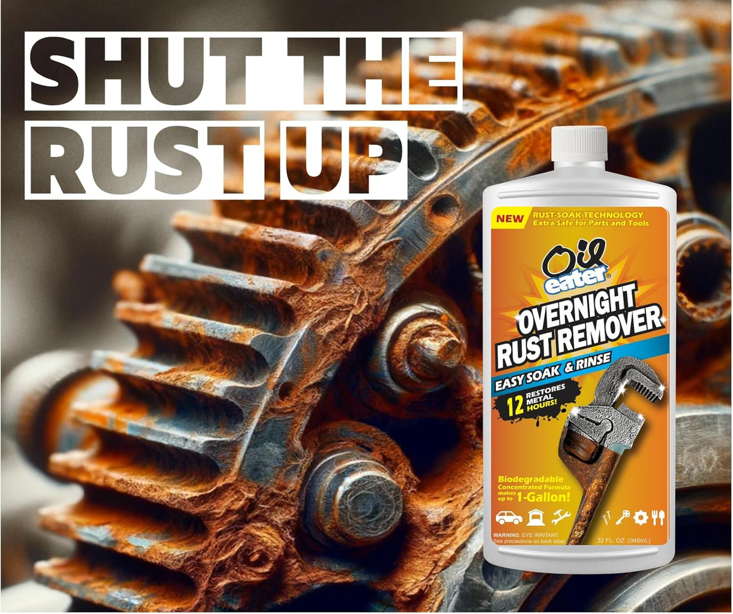 Overnight Rust Remover - Safe & Easy Soak for Tools, Auto Parts, Antiques, 32Oz Concentrate - Makes 1-Gallon