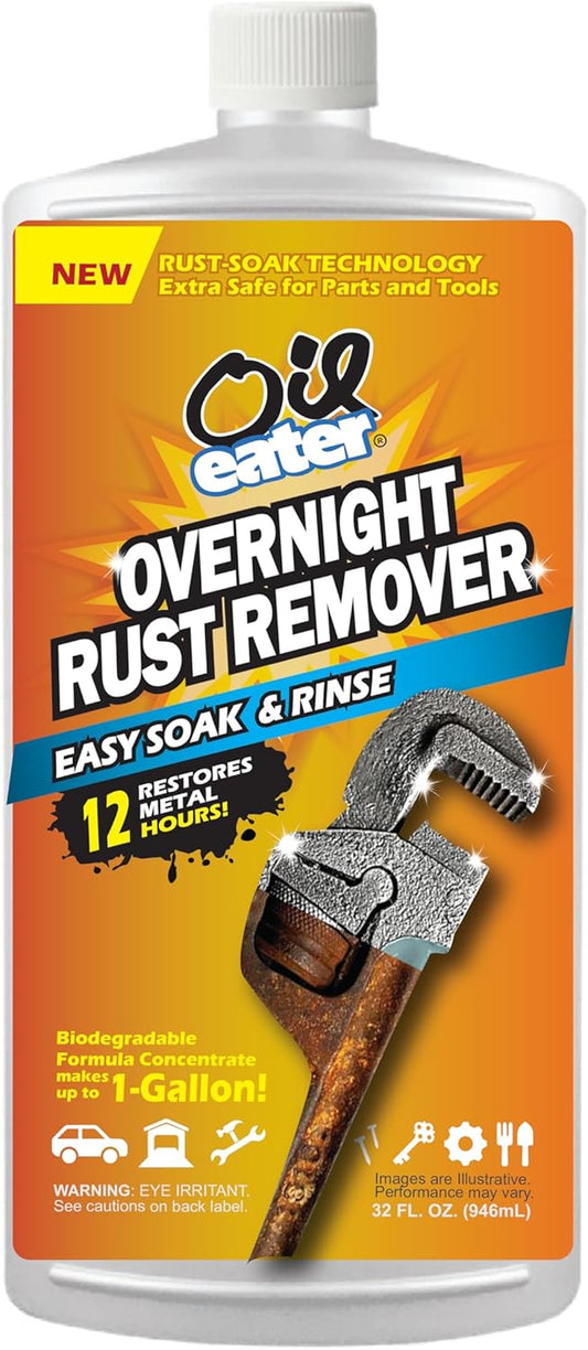 Overnight Rust Remover - Safe & Easy Soak for Tools, Auto Parts, Antiques, 32Oz Concentrate - Makes 1-Gallon