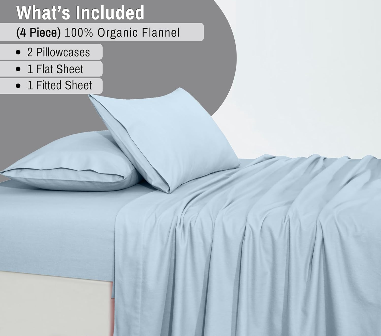 Flannel Sheets California King Size - GOTS Certified 100% Organic Cotton, 4 Piece Warm, Soft & Breathable Set, Deep Pocket Snug Fit, Double Brushed Cozy All Season Bedding, Baby Blue
