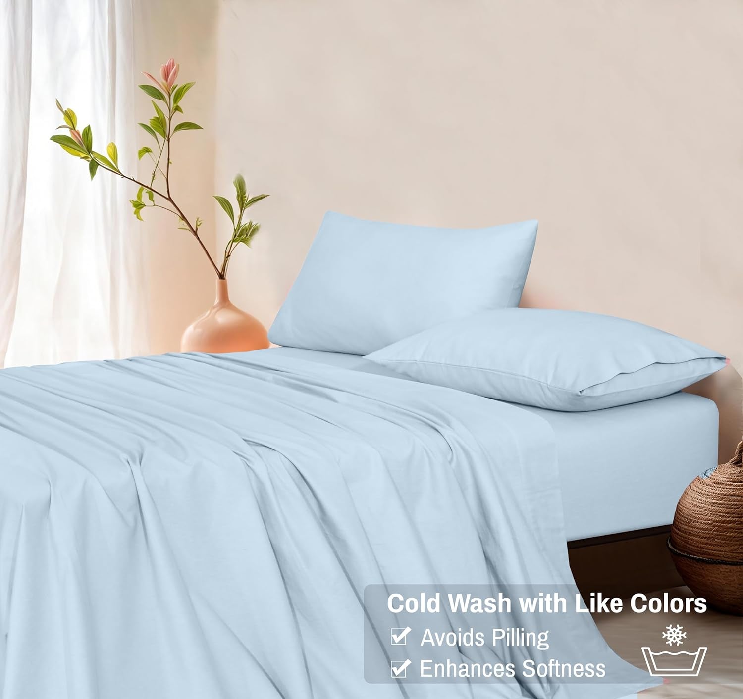 Flannel Sheets California King Size - GOTS Certified 100% Organic Cotton, 4 Piece Warm, Soft & Breathable Set, Deep Pocket Snug Fit, Double Brushed Cozy All Season Bedding, Baby Blue