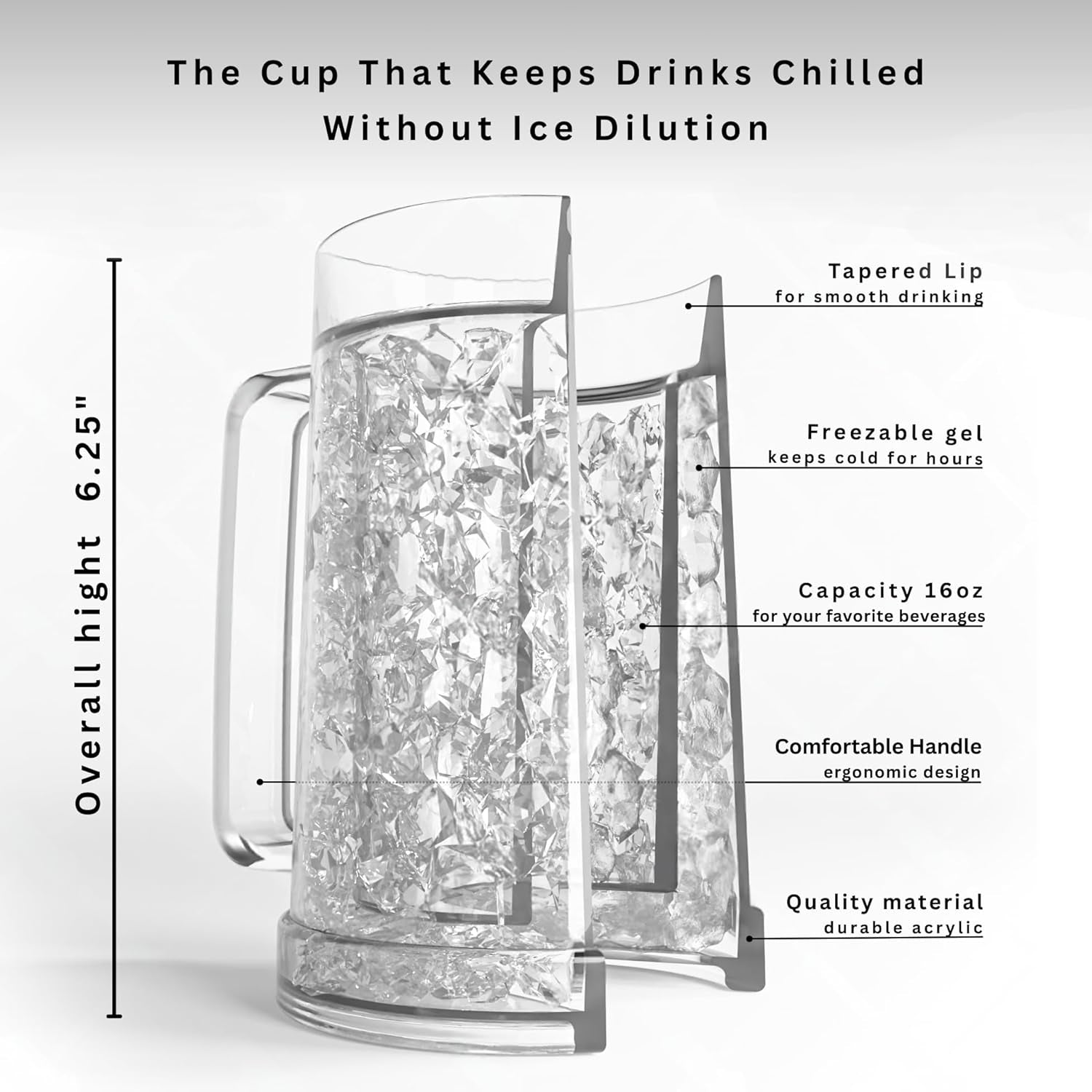 Beer Mugs for Freezer, Double Wall Insulated Plastic Glasses – Freezer Mugs, 16 Oz – Perfect Frozen Beer Mugs for Home Bar Accessories, Gifts for Men, 1 Pack