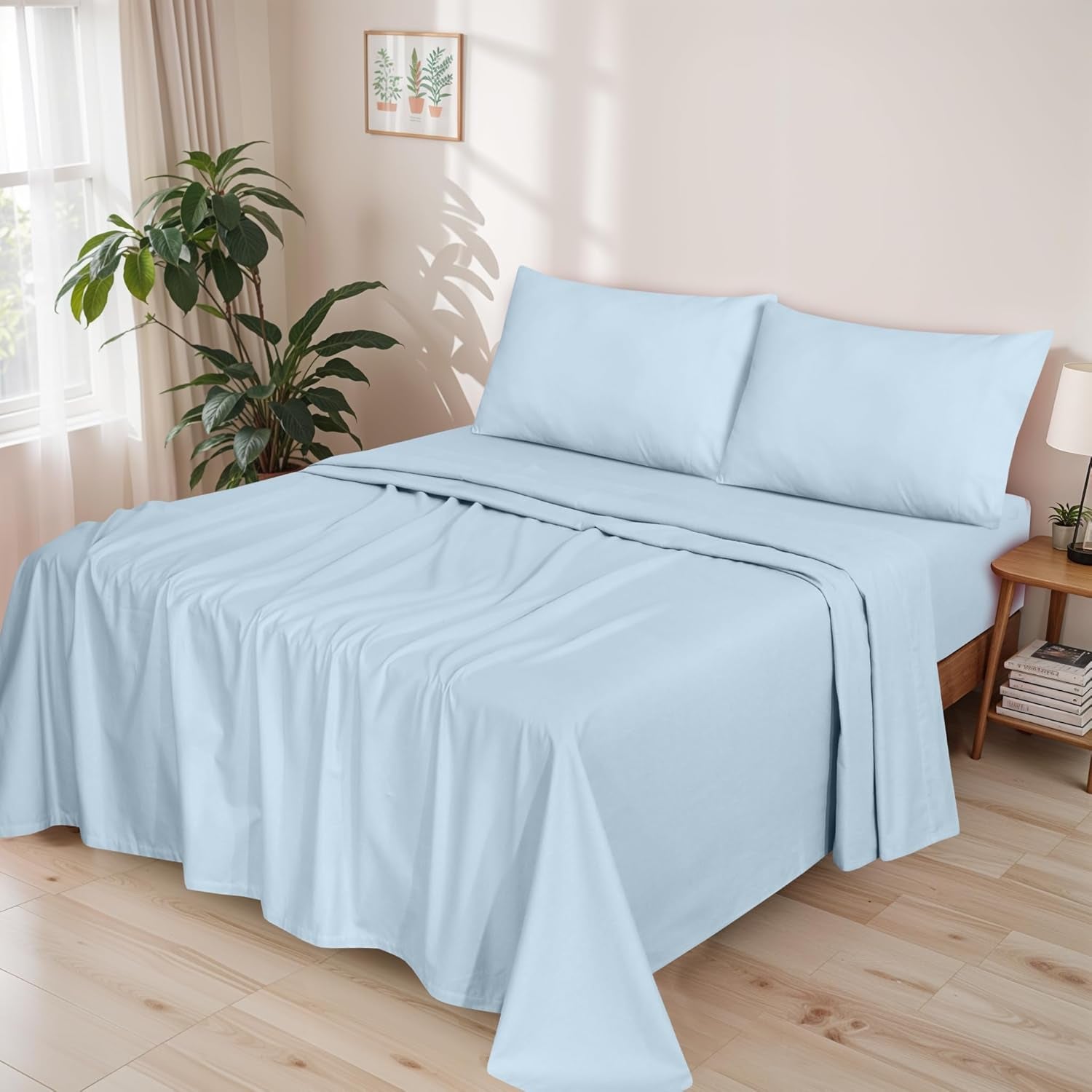 Flannel Sheets California King Size - GOTS Certified 100% Organic Cotton, 4 Piece Warm, Soft & Breathable Set, Deep Pocket Snug Fit, Double Brushed Cozy All Season Bedding, Baby Blue
