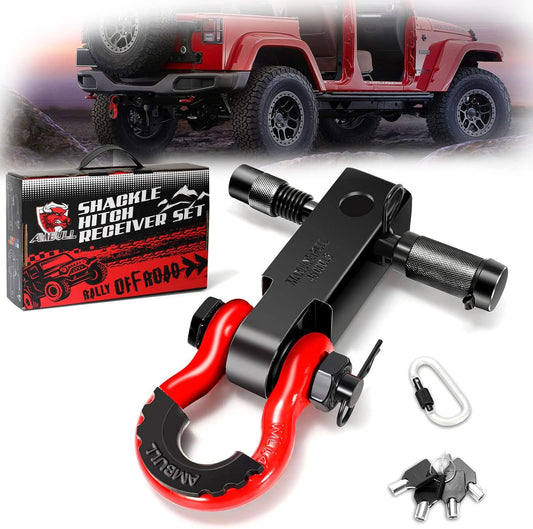 Shackle Hitch Receiver & Towing Hitch Lock, with 3/4 Inch D-Ring Shackle, 2 Insurance Pins, Weatherproof Anti-Theft Lockable Heavy Duty Solid Recovery Kit - Red