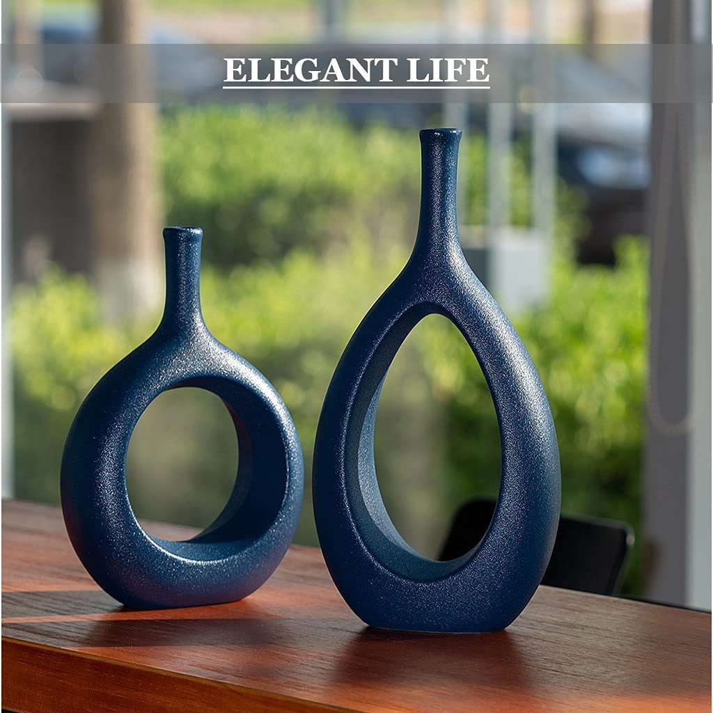 Ceramic Oval Geometric Vase, White, 11"