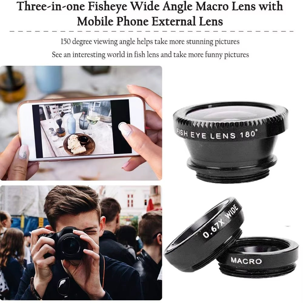 3 in 1 Phone Fisheye Lens 0.67X Wide Angle Micro Camera Lens Zoom Fish Eye Smartphone Len Kit with Phone Clip for All Smartphone