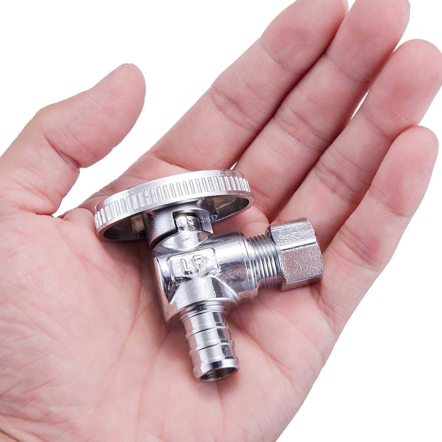 2 Pack Premium Lead-Free Brass 1/2 Inch Pex X 1/4 Inch OD Compression Quarter Turn Angle Stop Valve with 2 PCS PEX Clamp Ring