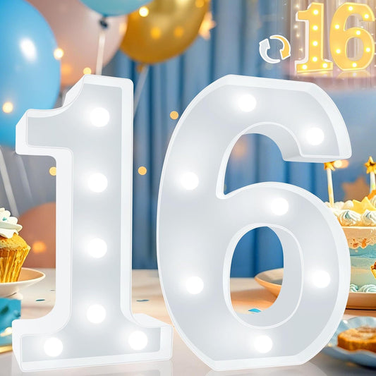 16Th Birthday Decoration for Girls Boys, Decorative LED Light up Numbers, Marquee Numbers 16 Sign for Teen Party Backdrop 16Th Wedding Anniversary Decor, Warm White and Cool White Number 16