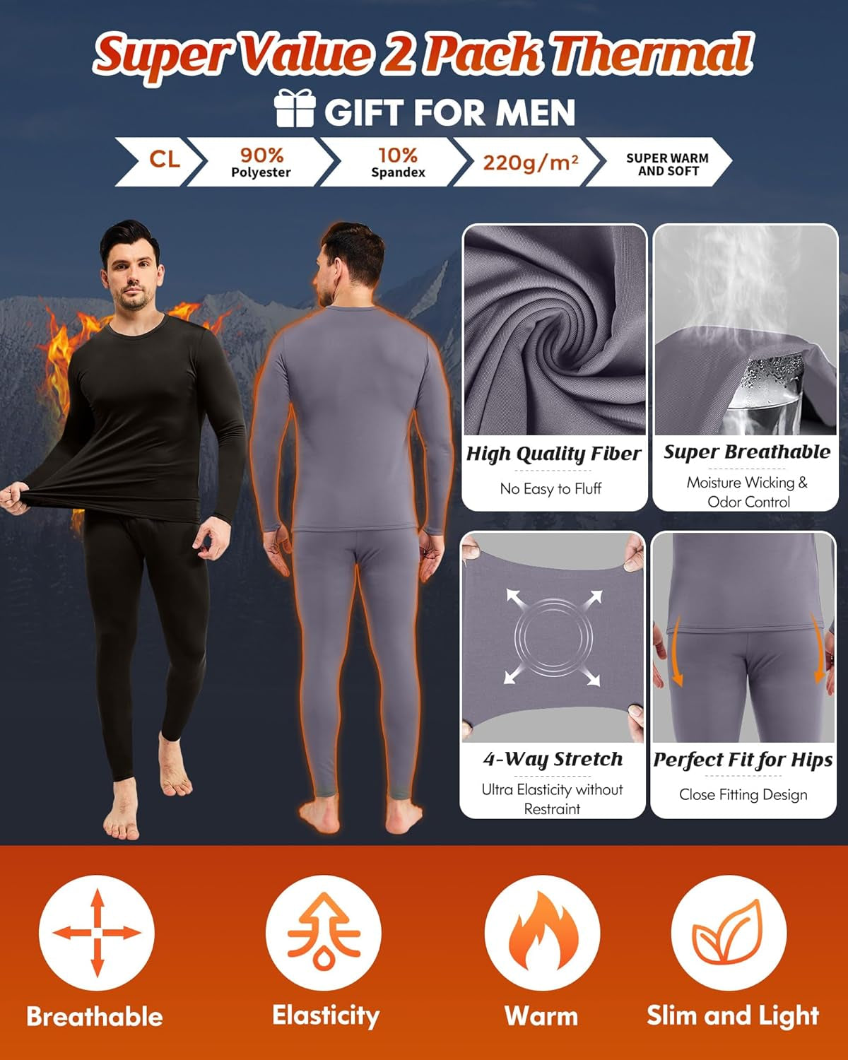 2 Pack Thermal Underwear for Men Long Johns Fleece Lined Base Layer Set Winter Bottom Top 2XS-6XL