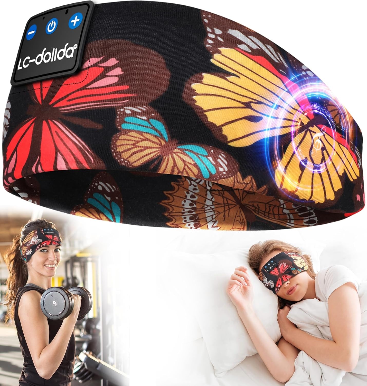 Sleep Headphones Headband Bluetooth 5.4, Sports Headband Earphones Wireless with Speaker Microphone USB C for Women Sleeping Gift Workout Jogging Yoga Insomnia Travel Meditation, Butterfly