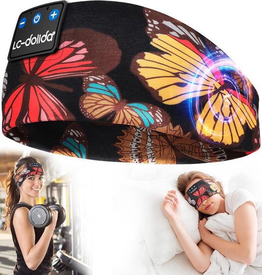 Sleep Headphones Headband Bluetooth 5.4, Sports Headband Earphones Wireless with Speaker Microphone USB C for Women Sleeping Gift Workout Jogging Yoga Insomnia Travel Meditation, Butterfly