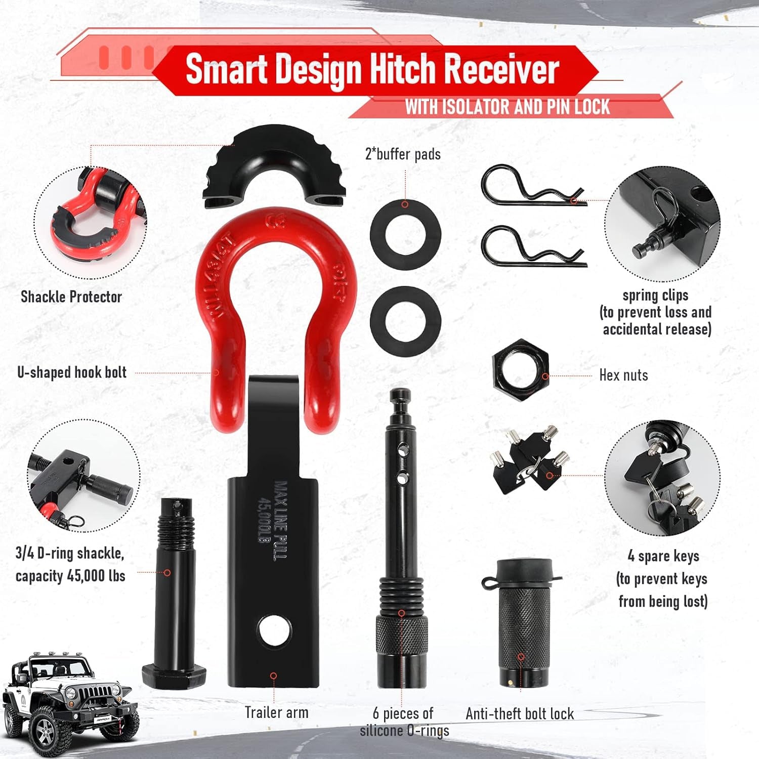 Shackle Hitch Receiver & Towing Hitch Lock, with 3/4 Inch D-Ring Shackle, 2 Insurance Pins, Weatherproof Anti-Theft Lockable Heavy Duty Solid Recovery Kit - Red