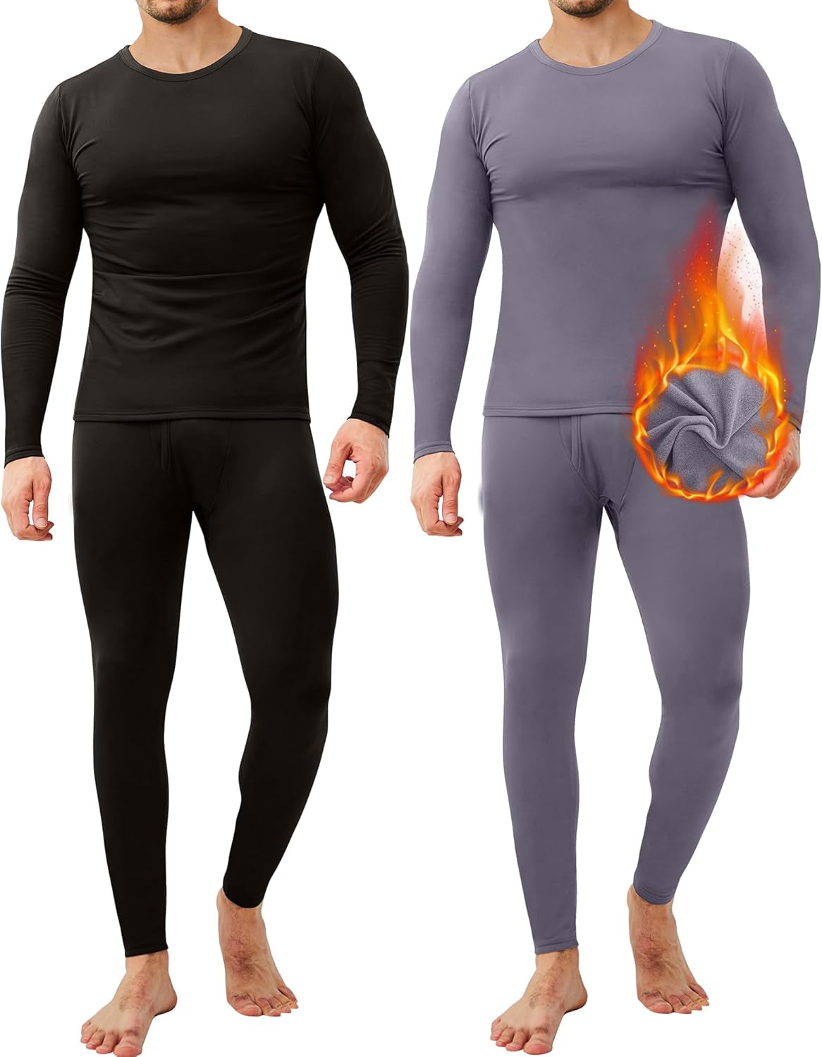 2 Pack Thermal Underwear for Men Long Johns Fleece Lined Base Layer Set Winter Bottom Top 2XS-6XL