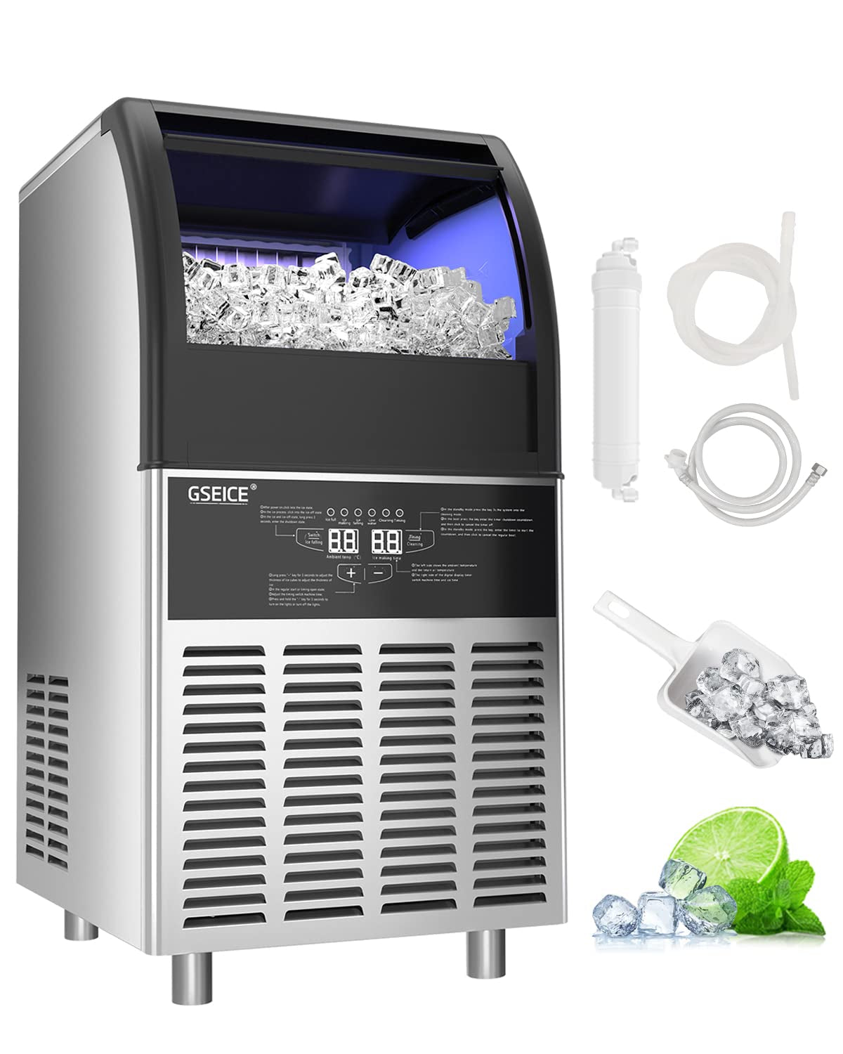 Commercial Ice Maker Machine,90Lbs/24H under Counter Ice Machine with 34Lbs Storage Ice Bin, Stainless Steel Small Ice Maker Ideal for Home Coffee Shop Bars and Restaurant