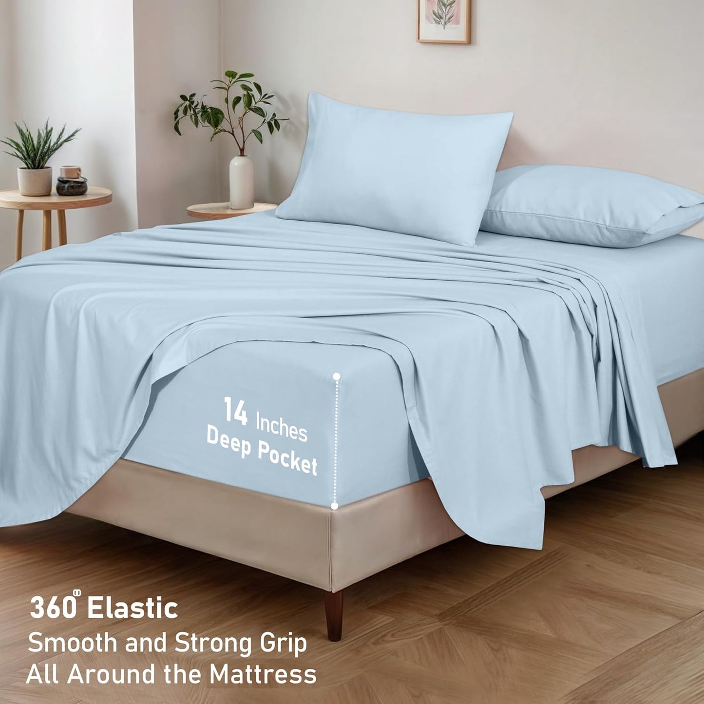 Flannel Sheets California King Size - GOTS Certified 100% Organic Cotton, 4 Piece Warm, Soft & Breathable Set, Deep Pocket Snug Fit, Double Brushed Cozy All Season Bedding, Baby Blue