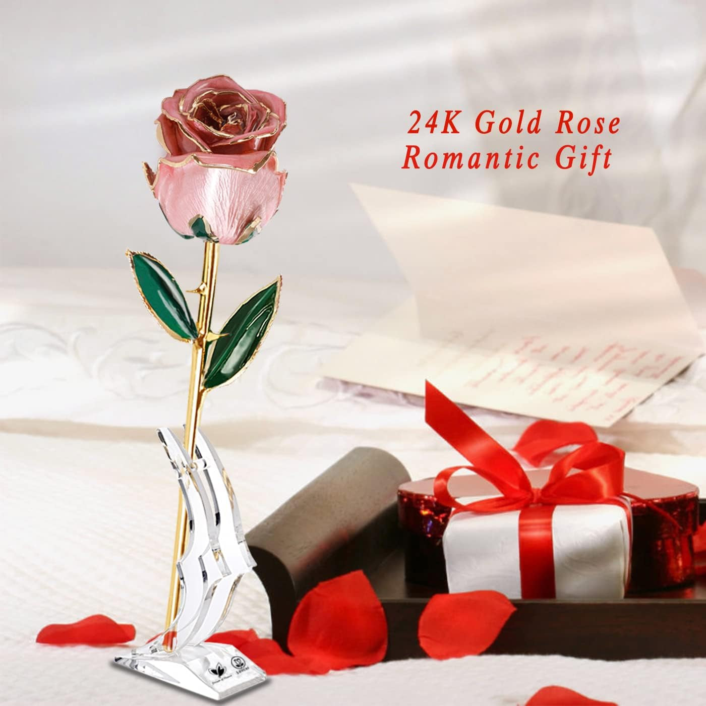 Birthday Gifts 24K Gold Rose, Gold Plated Rose Dipped Rose Everlasting Long Stem Real Rose, Rose Flower Gifts for Valentine'S Day/Christmas/Graduation/Best for Her,Mom,Wife,Women