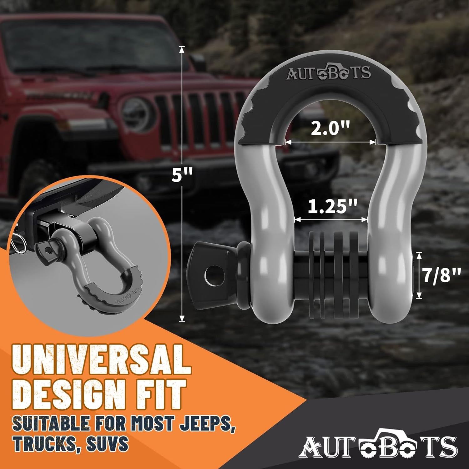 Bow Shackles 3/4" D Ring Shackle (2 Pack), 48,000Ib Break Strength with 7/8" Pin, 2 Isolator and 4 Washers Kit for Offroad Vehicle Truck Recovery Gray