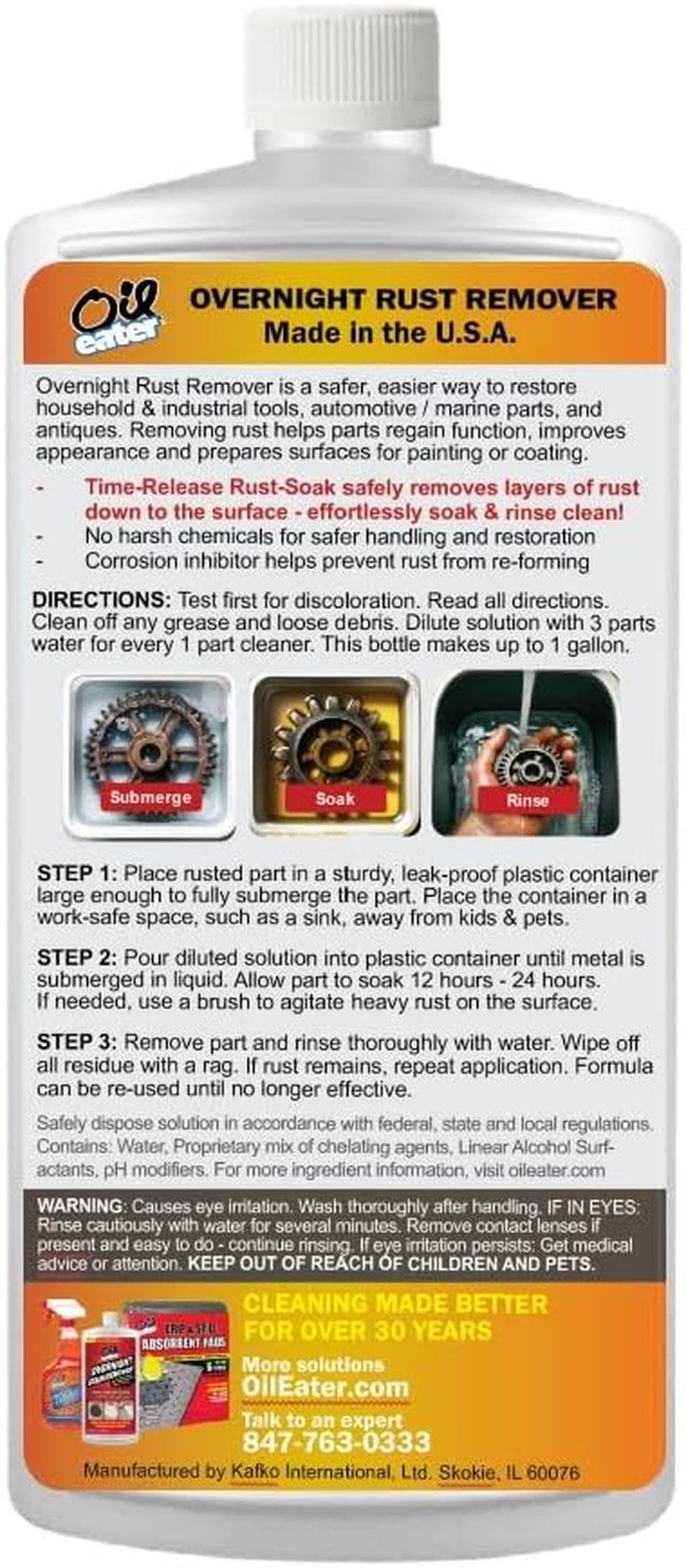 Overnight Rust Remover - Safe & Easy Soak for Tools, Auto Parts, Antiques, 32Oz Concentrate - Makes 1-Gallon