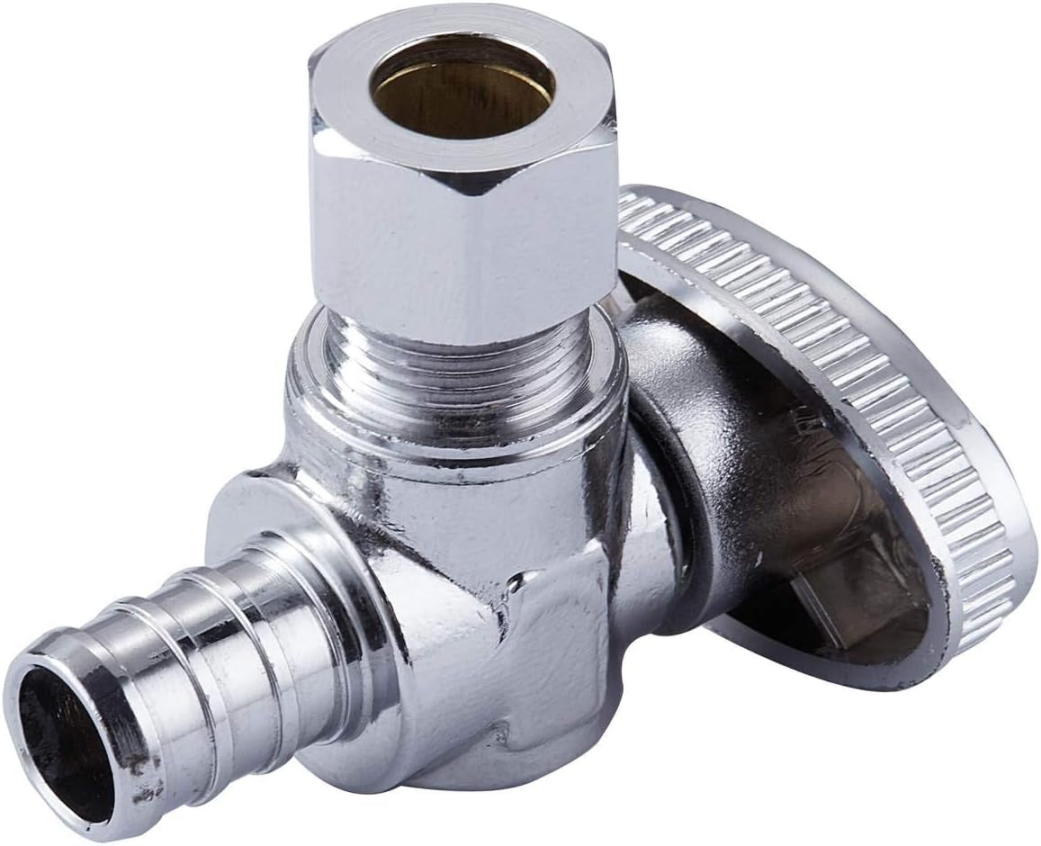 2 Pack Premium Lead-Free Brass 1/2 Inch Pex X 1/4 Inch OD Compression Quarter Turn Angle Stop Valve with 2 PCS PEX Clamp Ring