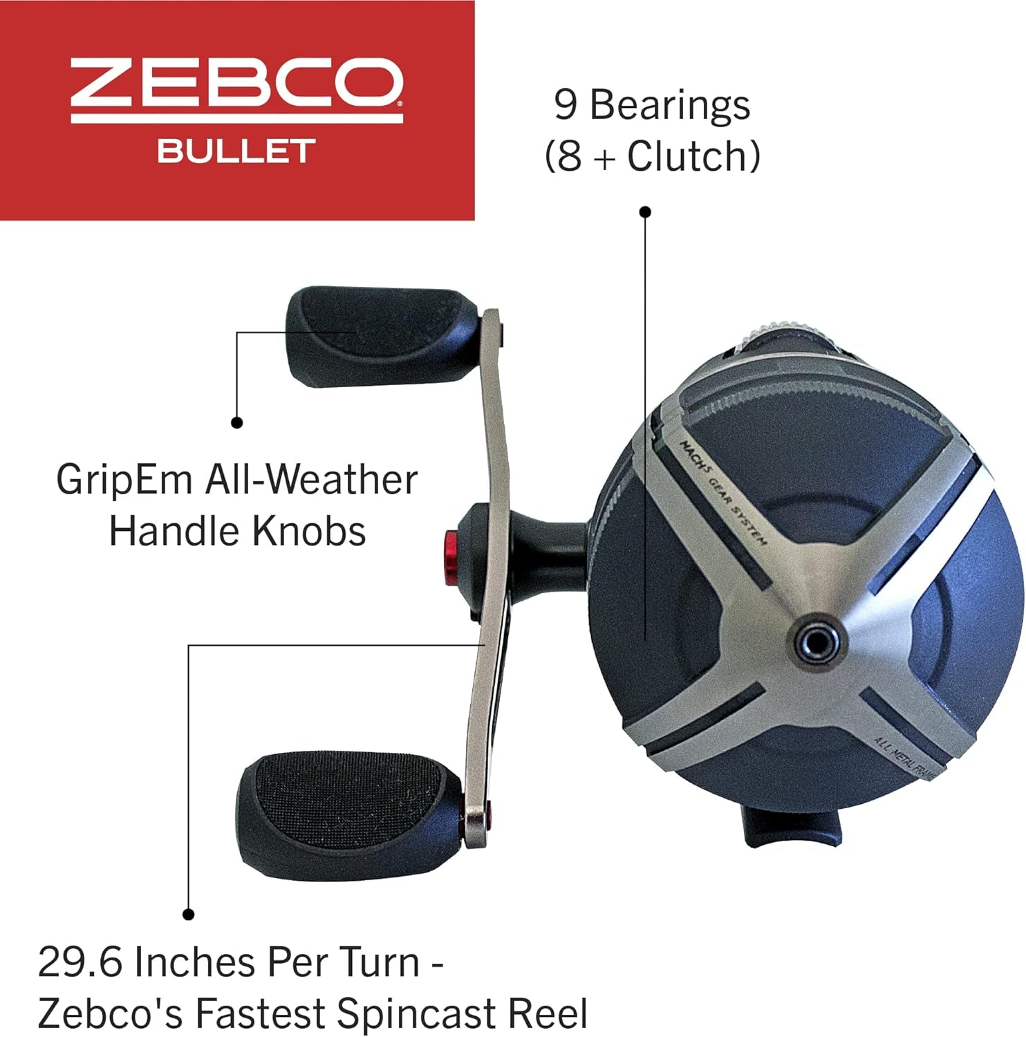 Bullet Spincast Fishing Reel, Size 30 Reel, Fast 29.6 Inches per Turn, Gripem All-Weather Handle Knobs, Pre-Spooled with 10-Pound  Fishing Line, Black (2017)