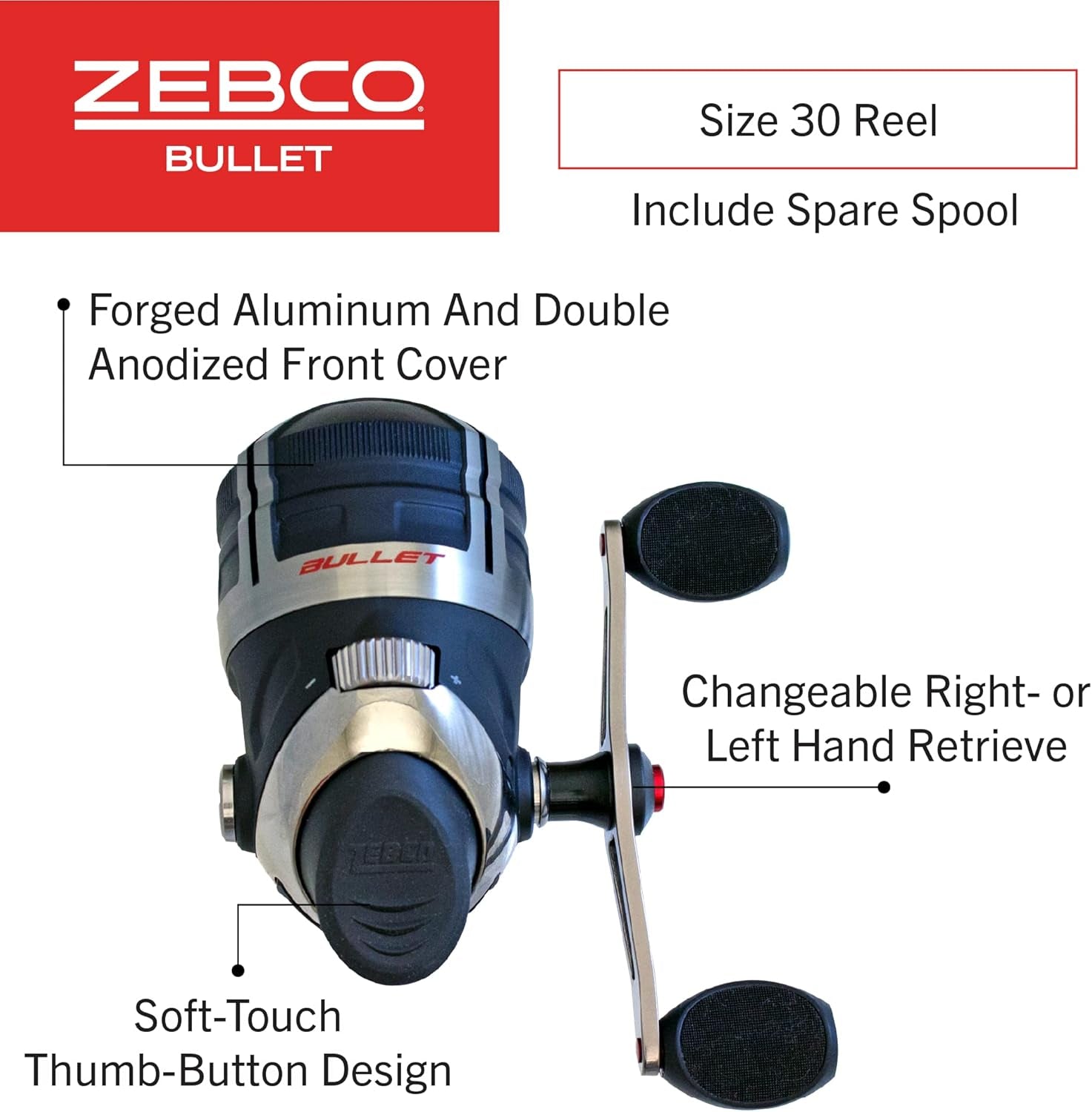 Bullet Spincast Fishing Reel, Size 30 Reel, Fast 29.6 Inches per Turn, Gripem All-Weather Handle Knobs, Pre-Spooled with 10-Pound  Fishing Line, Black (2017)