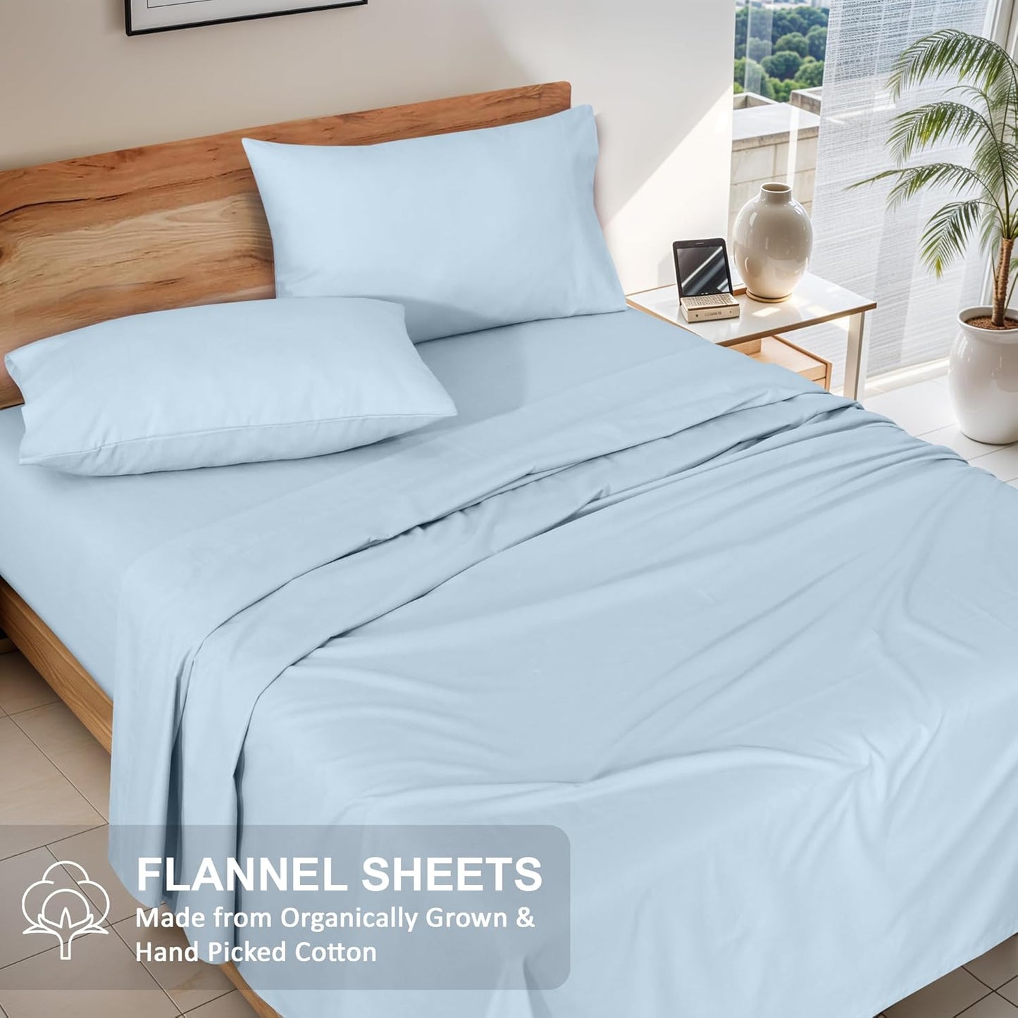 Flannel Sheets California King Size - GOTS Certified 100% Organic Cotton, 4 Piece Warm, Soft & Breathable Set, Deep Pocket Snug Fit, Double Brushed Cozy All Season Bedding, Baby Blue