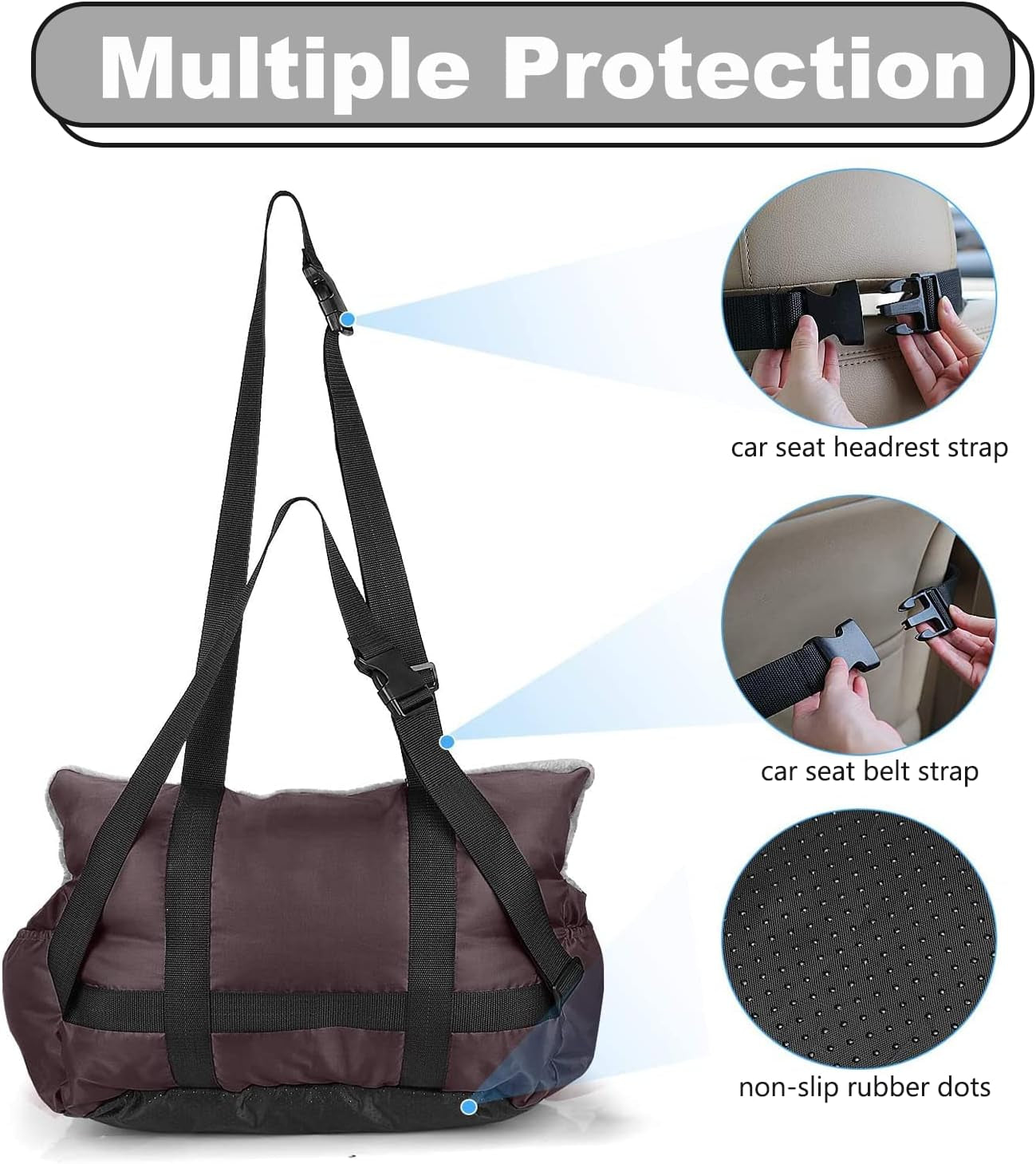 Dog Car Seat with Safety Belt, Washable Booster for Small Dogs, Anti-Slip Travel Bed for Front or Back Seat, Adjustable Buckle, Storage Pockets