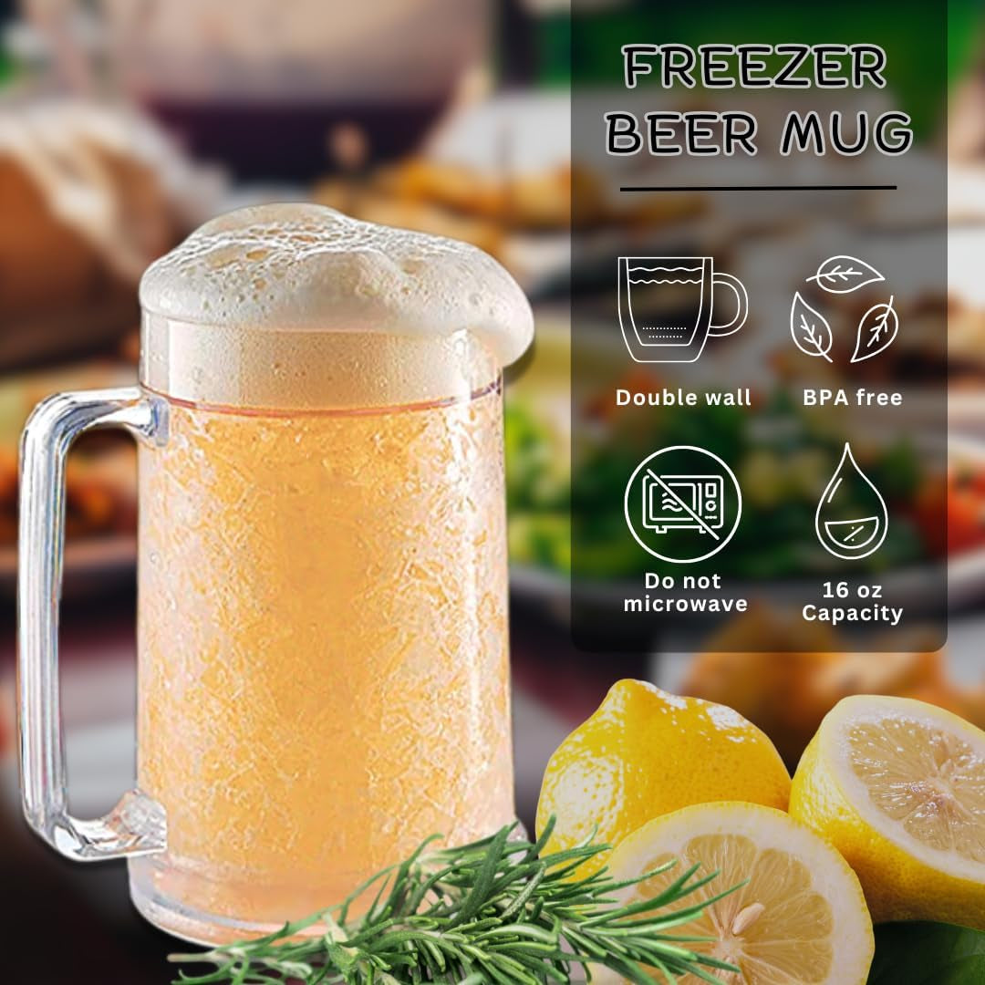 Beer Mugs for Freezer, Double Wall Insulated Plastic Glasses – Freezer Mugs, 16 Oz – Perfect Frozen Beer Mugs for Home Bar Accessories, Gifts for Men, 1 Pack