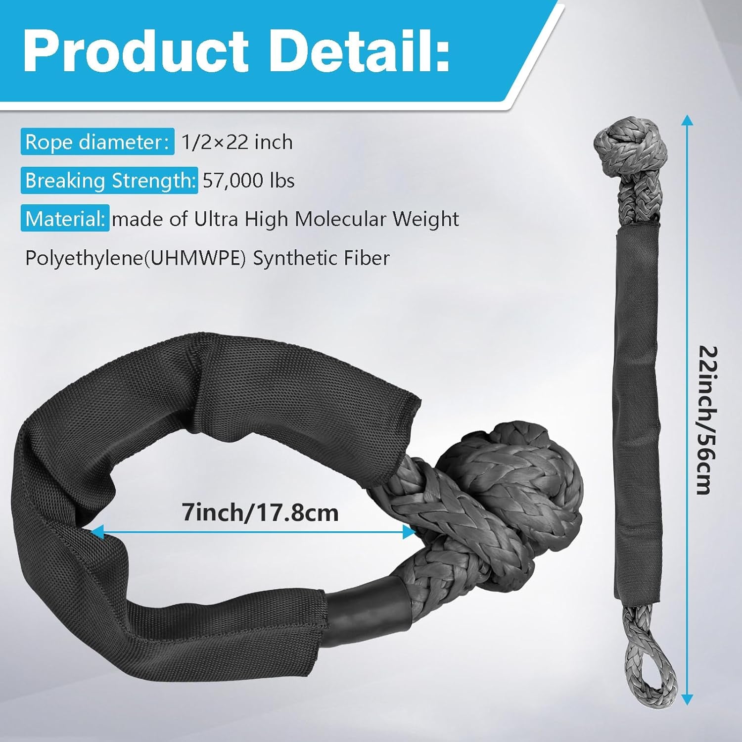 1/2 Inch X 22 Inch Soft Shackles 2 Pack Soft Shackle, (57,000 LBS Breaking Strength) with Protective Sleeve for Off-Road Sailing ATV 4X4 Synthetic Road Recovery Rope Soft Shackle for Recovery