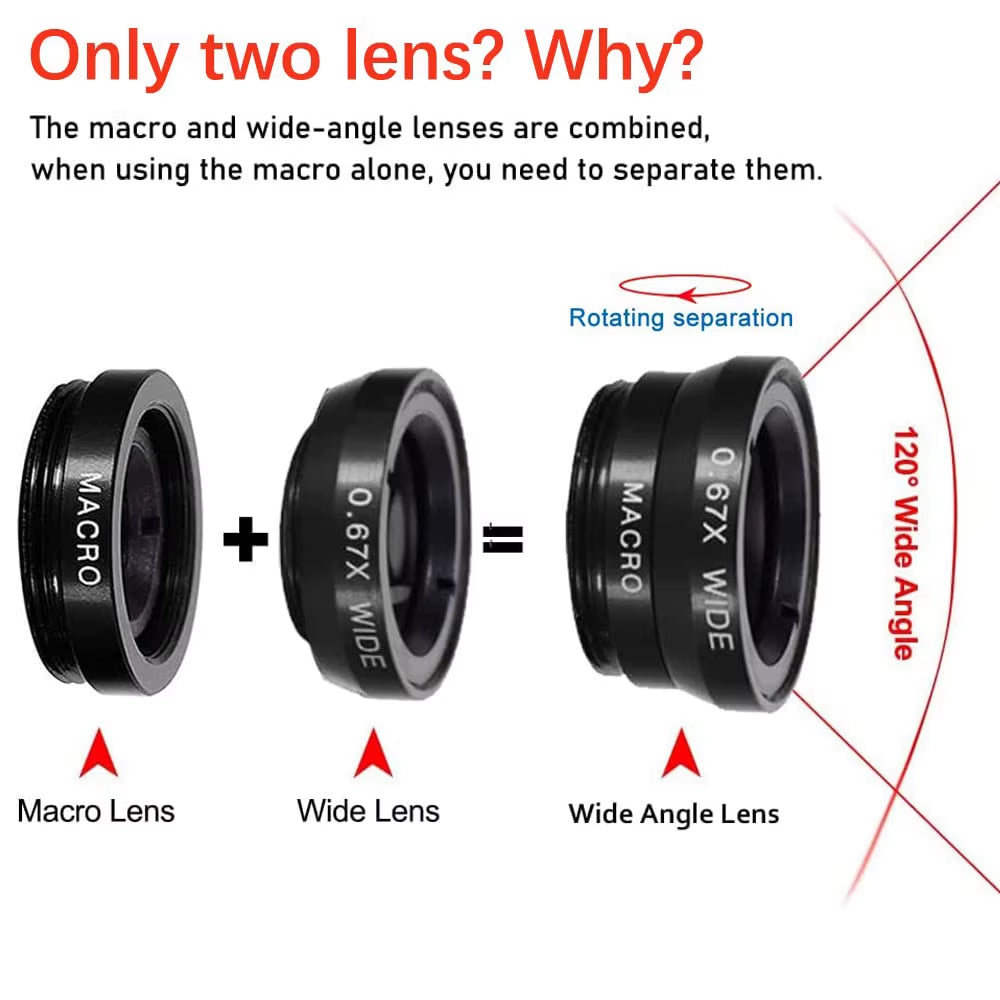 3 in 1 Phone Fisheye Lens 0.67X Wide Angle Micro Camera Lens Zoom Fish Eye Smartphone Len Kit with Phone Clip for All Smartphone
