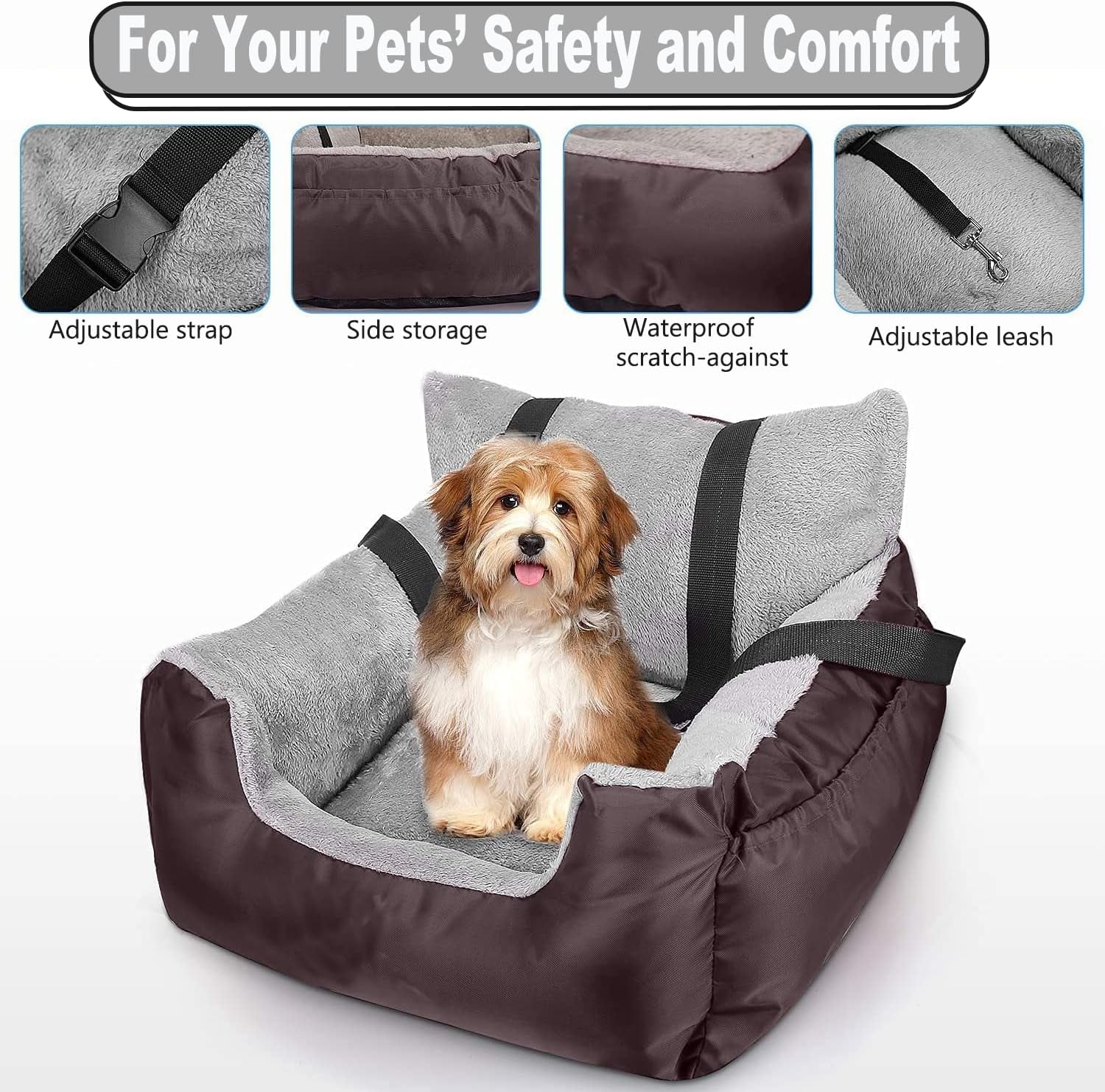 Dog Car Seat with Safety Belt, Washable Booster for Small Dogs, Anti-Slip Travel Bed for Front or Back Seat, Adjustable Buckle, Storage Pockets