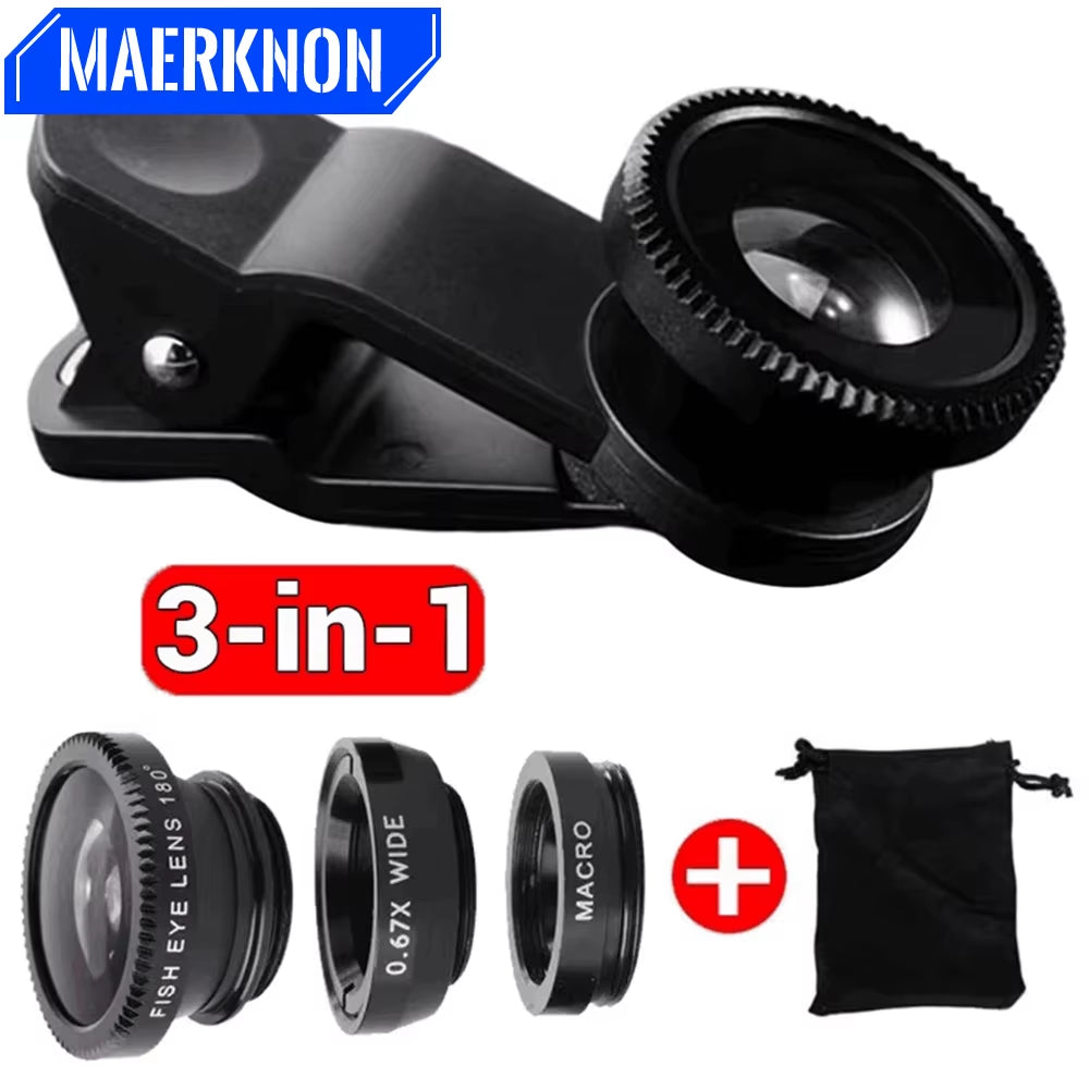3 in 1 Phone Fisheye Lens 0.67X Wide Angle Micro Camera Lens Zoom Fish Eye Smartphone Len Kit with Phone Clip for All Smartphone