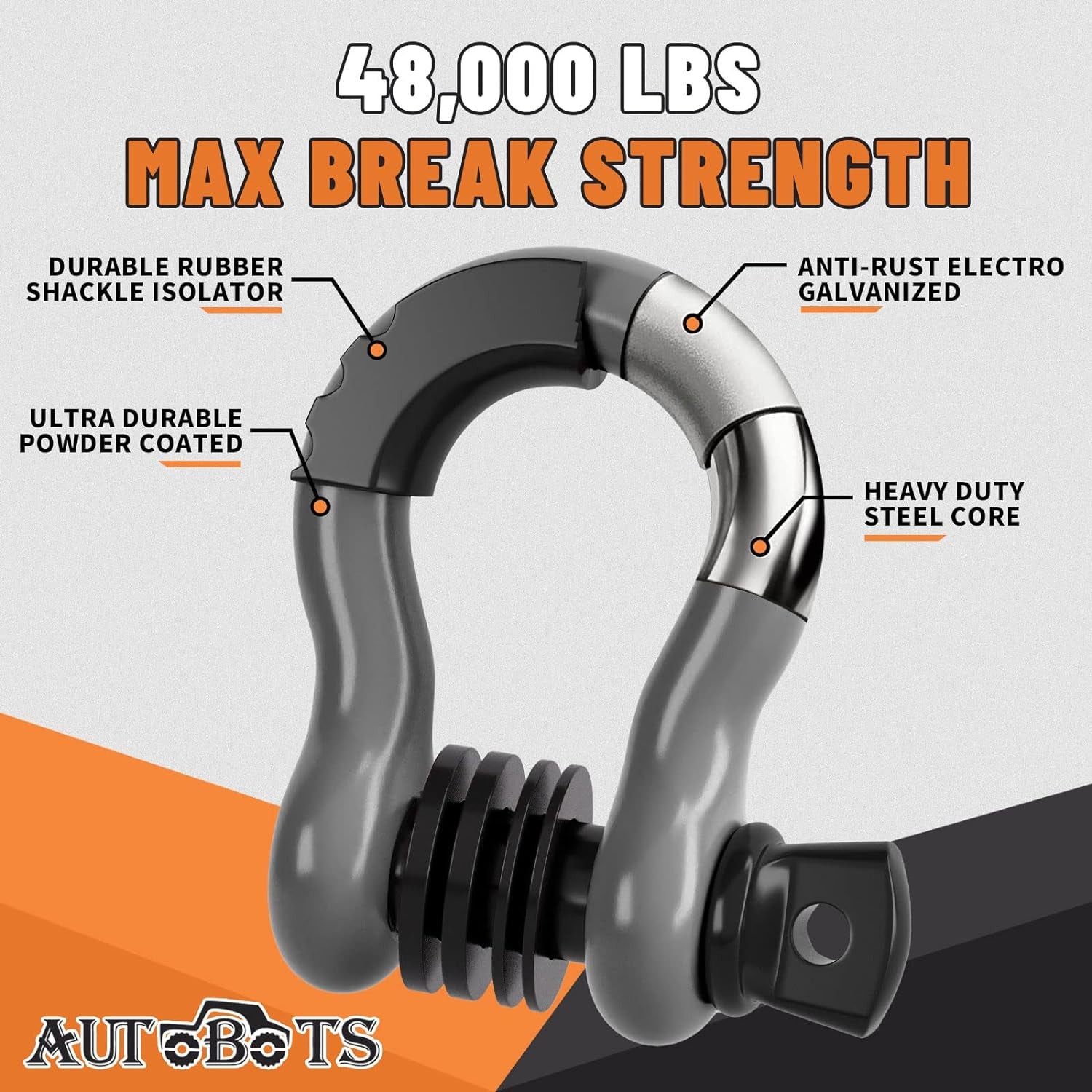 Bow Shackles 3/4" D Ring Shackle (2 Pack), 48,000Ib Break Strength with 7/8" Pin, 2 Isolator and 4 Washers Kit for Offroad Vehicle Truck Recovery Gray