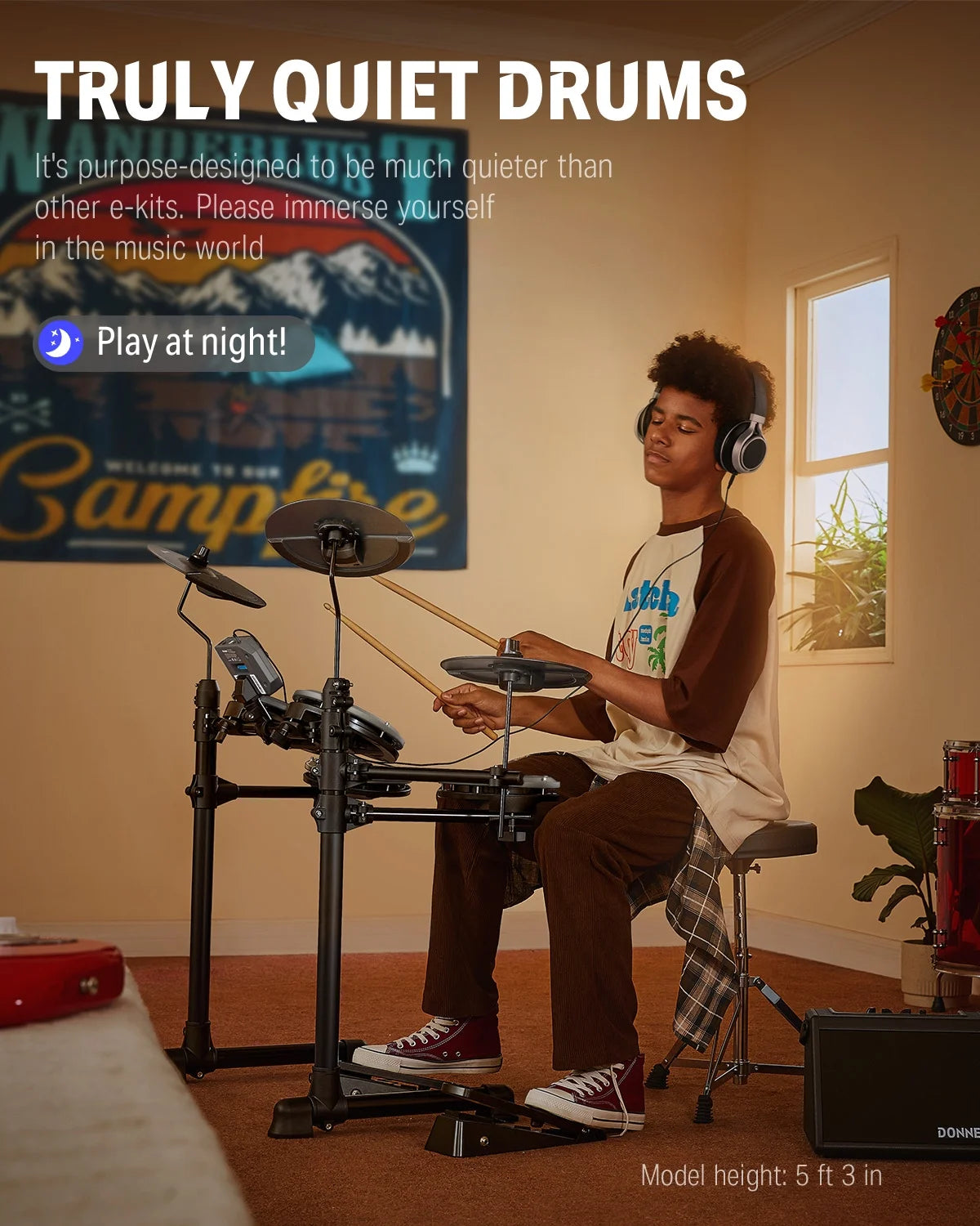 Electric Drum Set for Beginner with 180+ Sounds, Quiet Mesh Kid Child Students Electronic Drum Kit with Heavy Duty Pedals, On-Ear Headphones, DED-80 New Update Color