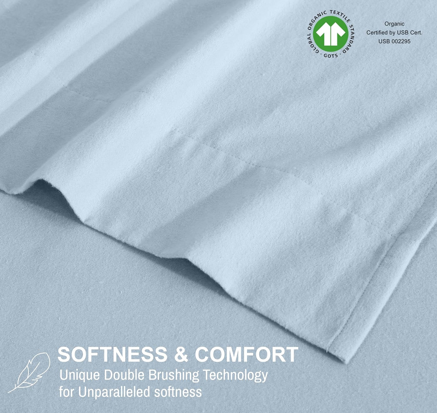Flannel Sheets California King Size - GOTS Certified 100% Organic Cotton, 4 Piece Warm, Soft & Breathable Set, Deep Pocket Snug Fit, Double Brushed Cozy All Season Bedding, Baby Blue