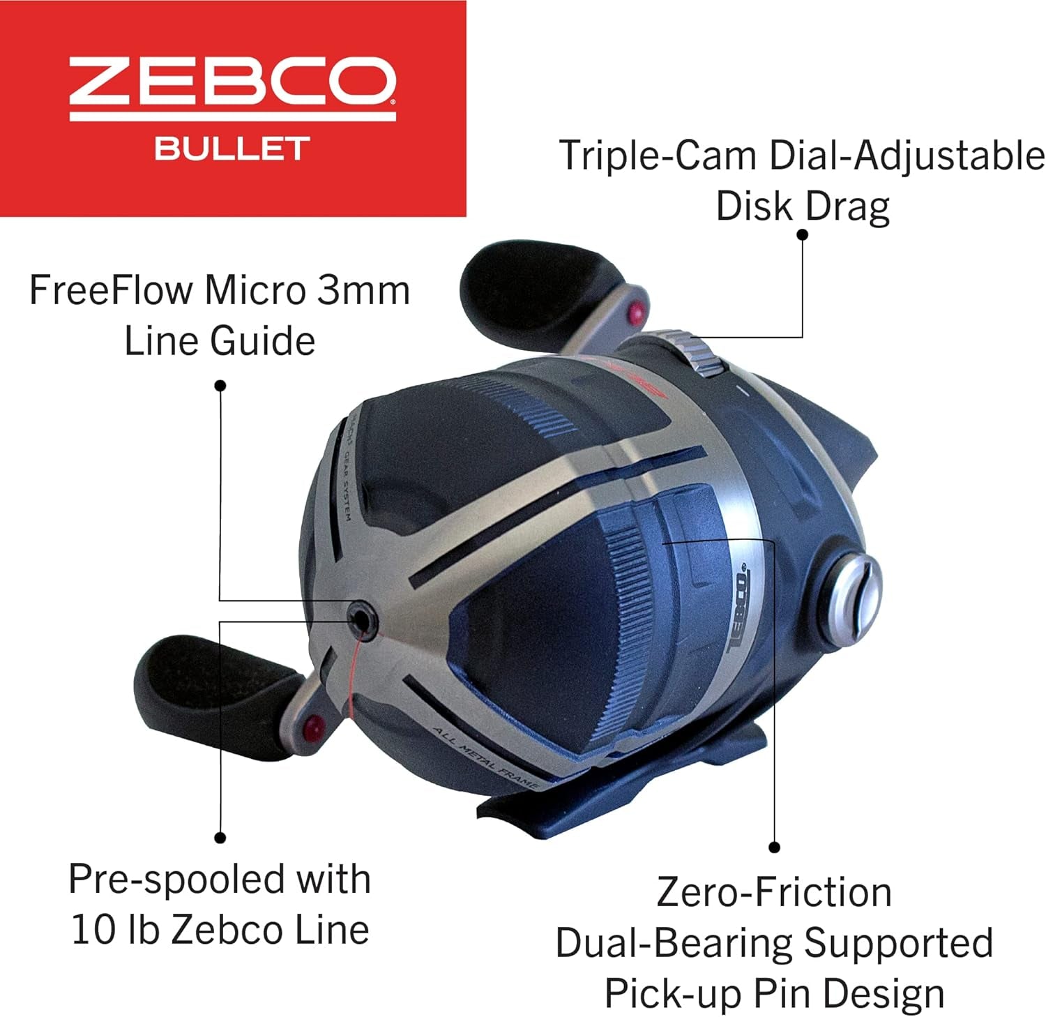 Bullet Spincast Fishing Reel, Size 30 Reel, Fast 29.6 Inches per Turn, Gripem All-Weather Handle Knobs, Pre-Spooled with 10-Pound  Fishing Line, Black (2017)