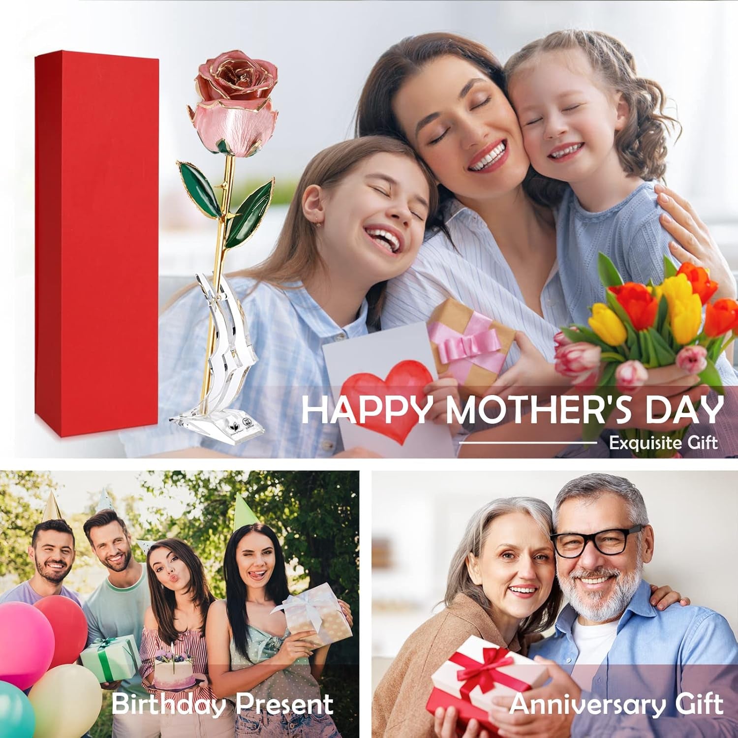 Birthday Gifts 24K Gold Rose, Gold Plated Rose Dipped Rose Everlasting Long Stem Real Rose, Rose Flower Gifts for Valentine'S Day/Christmas/Graduation/Best for Her,Mom,Wife,Women