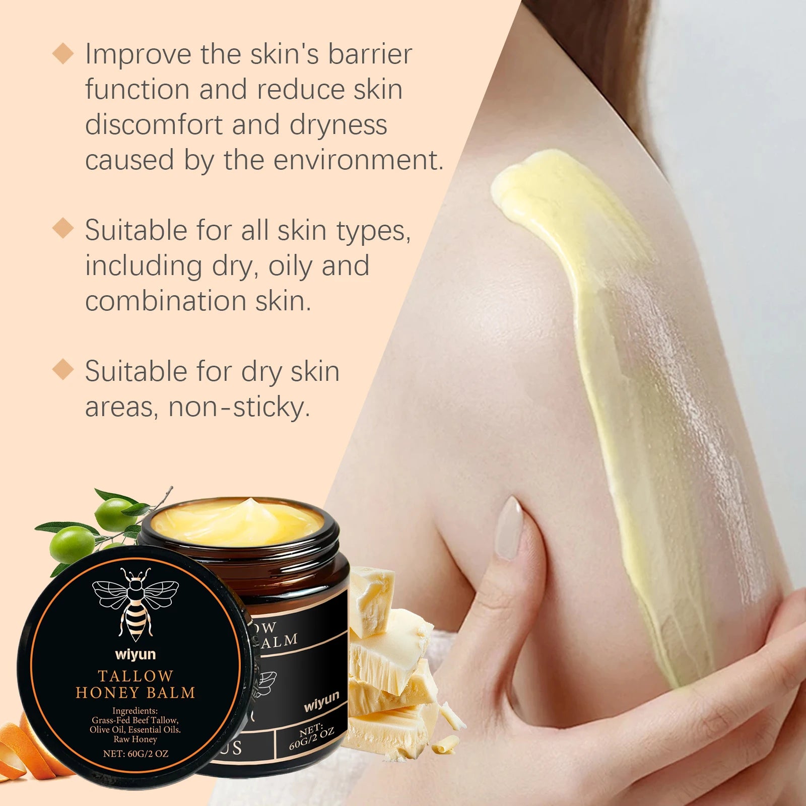 Beef Tallow Honey Moisturizer Grass Fed Whipped Tallow Face Cream Body Lotion Non Greasy Nourishing Fast Absorption Skin Care
