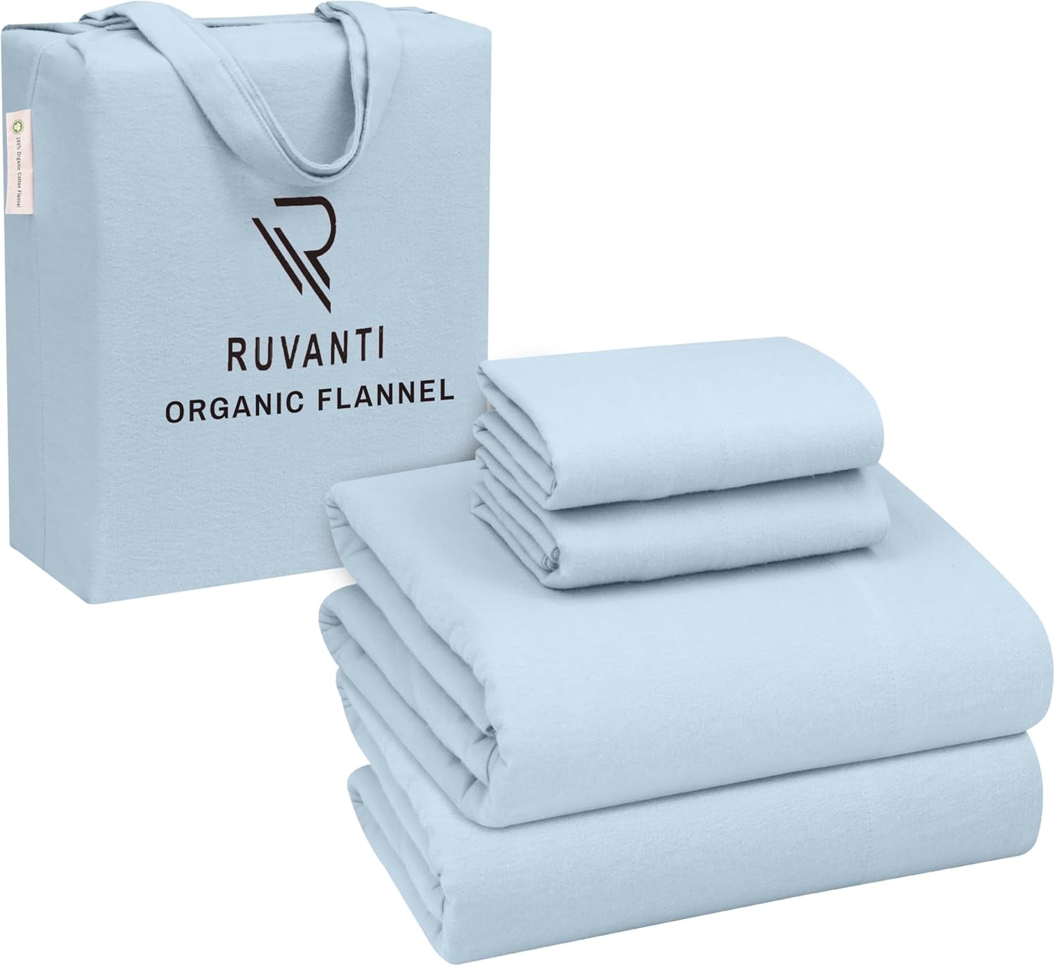 Flannel Sheets California King Size - GOTS Certified 100% Organic Cotton, 4 Piece Warm, Soft & Breathable Set, Deep Pocket Snug Fit, Double Brushed Cozy All Season Bedding, Baby Blue