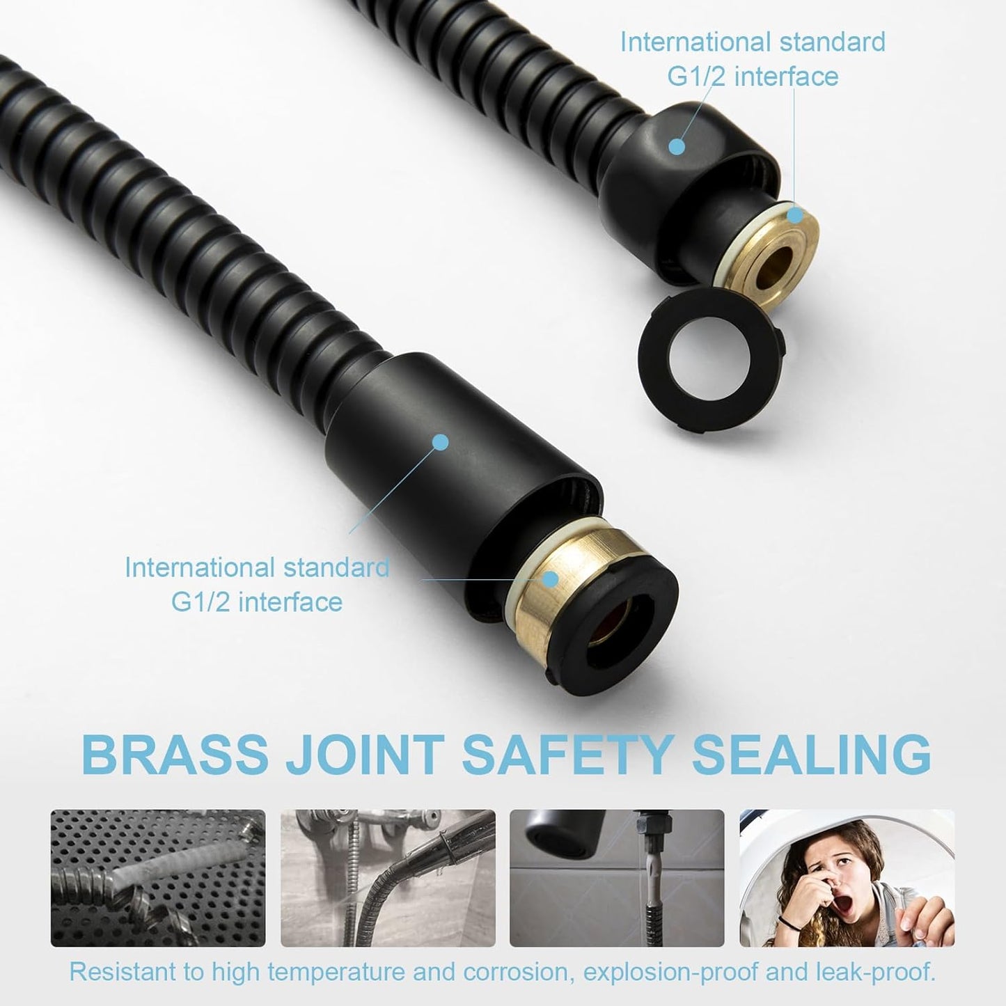Shower Hose, Kink Free Stainless Steel Shower Hose Attachment Electroplating Handheld Shower Head Hose Flex Hoses Extension with Brass Insert & Nut for Pet Bathing Cleaning 60 Inch, Matte Black