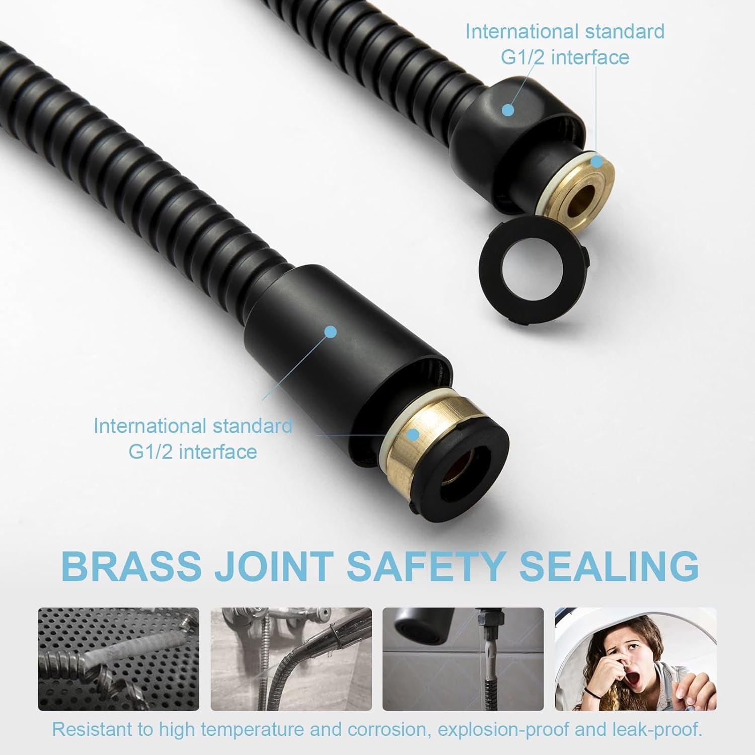 Shower Hose, Kink Free Stainless Steel Shower Hose Attachment Electroplating Handheld Shower Head Hose Flex Hoses Extension with Brass Insert & Nut for Pet Bathing Cleaning 60 Inch, Matte Black