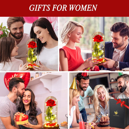 Birthday Gifts for Women,Beauty and the Beast Rose in Glass Dome,Silk Rose Forever Flowers with Lights,Mom Gift,Romantic Gifts for Her,Anniversary Rose Flower Gifts for Women,Gifts for Girlfriend