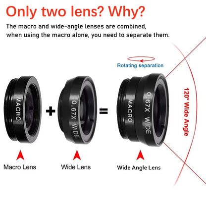 3 in 1 Phone Fisheye Lens 0.67X Wide Angle Micro Camera Lens Zoom Fish Eye Smartphone Len Kit with Phone Clip for All Smartphone