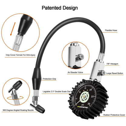 Low Pressure Tire Gauge to 30PSI, 2.5” Mechanical Tire Gauge with Flexible Hose and Angled Chuck, Analog Air Pressure Gauge Glow in the Dark for ATV, off Road, Lawn Mower Etc