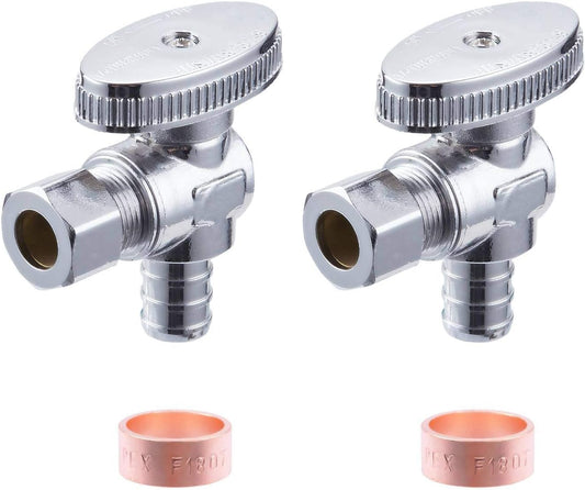 2 Pack Premium Lead-Free Brass 1/2 Inch Pex X 1/4 Inch OD Compression Quarter Turn Angle Stop Valve with 2 PCS PEX Clamp Ring
