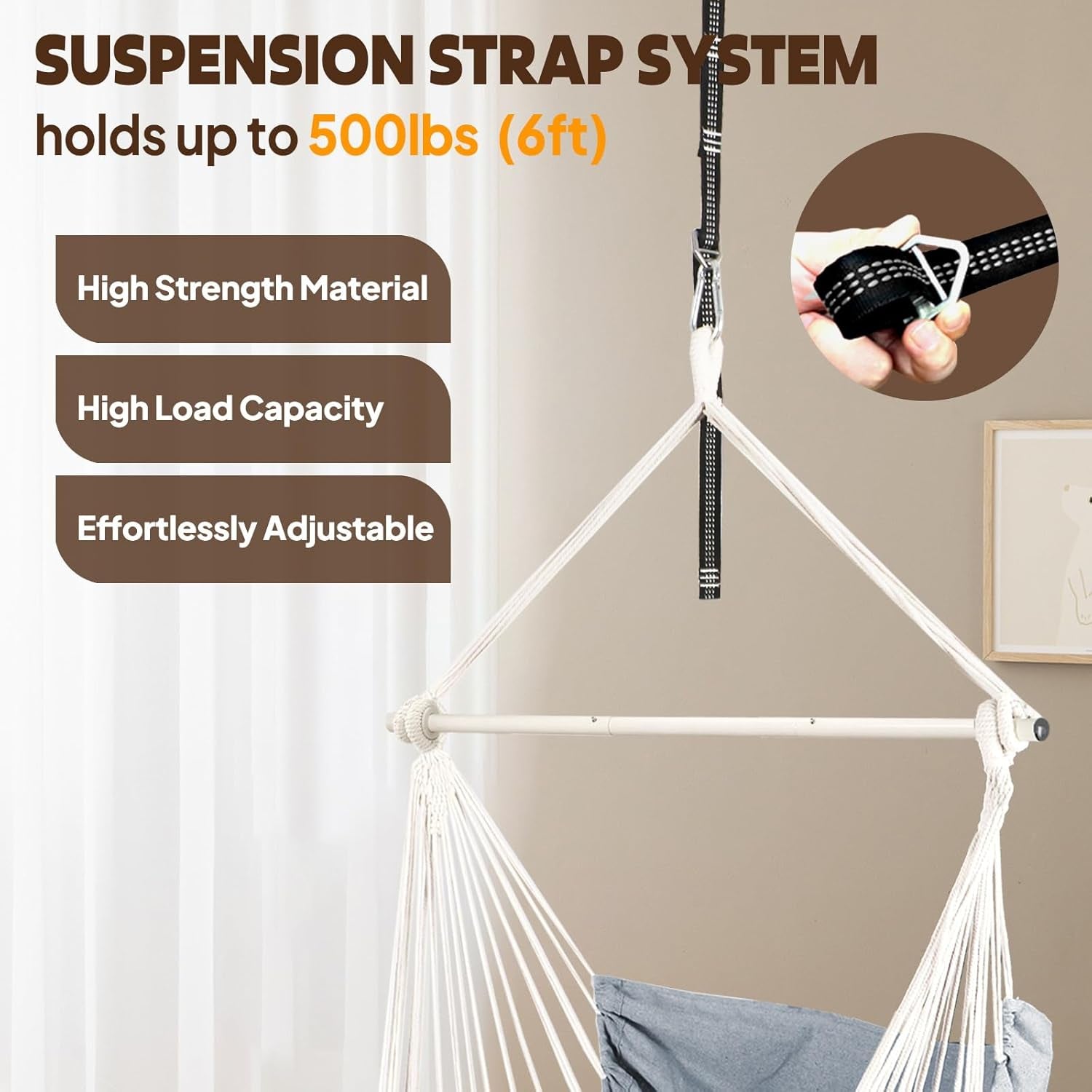 Hammock Chair Hanging Swing Max 500 Lbs 2 Cushions Included Metal Spreader Bar with Anti-Slip Grooves Portable Hanging Chair Side Pocket Large Macrame Bohemian Chair Indoor Outdoor